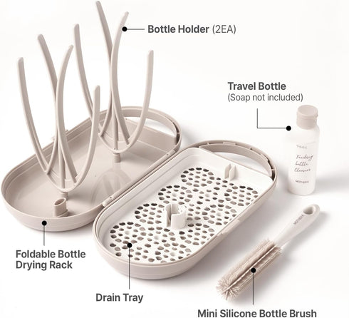 Set MOTHER-K Travel Baby Bottle Drying Rack - Baby Bottle Cleaner Kit with Cleanser and Mini Silicone Bottle Brush