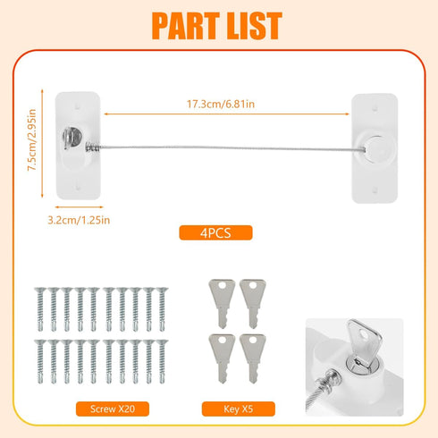 4Pcs Window Safety Lock, Self Adhesive Childproof Security Lock with Screws and Key for Home Windows