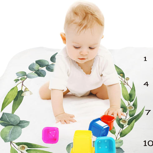 Baby Monthly Milestone Blanket for Twins, Unisex Neutral Personalized Shower Gift, 51"x40" Leaf Nursery Decor