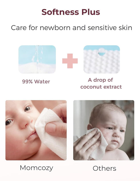 Momcozy 99% 720 Count (12 Packs) Baby Wipes Plus Wipes Size, Thickness, Moisture, Softness & Scenario Plus, Water-Based