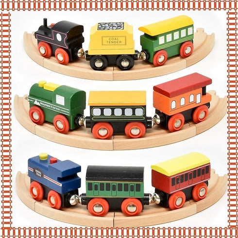 9 Set Gift Boutique Wooden Train Cars Piece Collection of Magnetic Trains and Wood Engine and Vehicles Compatible