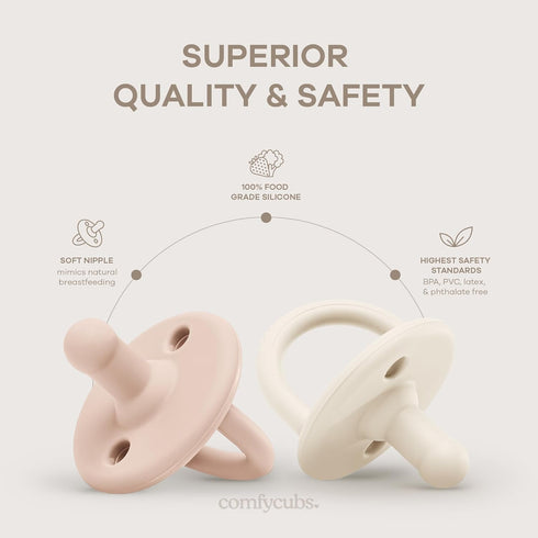 5 Pack 0+ Pack Set Comfy Cubs Baby Pacifiers, for Months - Soft Breast-Like Nipple Shape - CPSIA Compliant Silicone