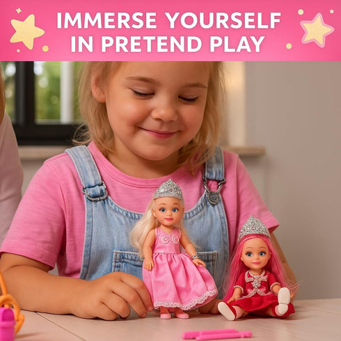 TOMLEON Playset 6 Set 3+ Princess Dolls Mini Princess Dolls with Colorful Gowns, Crowns & Jewelry Fantasy Role Play