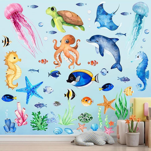 Ocean Sea Animals Wall Decals Stickers, 4Sheets 52Pcs Under The Sea Wall