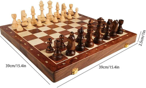 Dan&Dre 15 Folding Wooden Chess & Checkers Set (2 in 1), Portable Travel Chess Board Gift