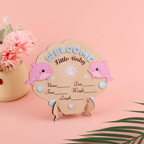Penitue 7.2x5.91x0.12in/18.3x15x0.3cm Baby Announcement Sign, Cute Hello World Wooden Newborn Welcome Name Sign
