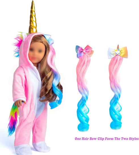 18 Inch Doll Clothes Unicorn Onesie Pajamas Rainbow Color Hair Bow Clips Costume Fits 18 Inch Doll (Doll Not Included)