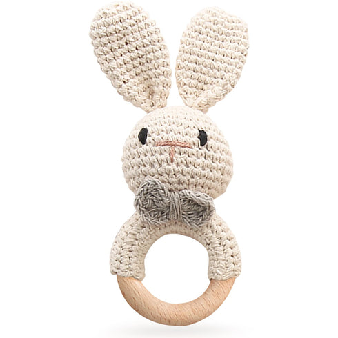 Wooden Baby Rattle, Handcrafted Crochet Bunny Rattles with Wooden Teething Ring, Organic Beige Rabbit Newborn Toy