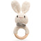 Wooden Baby Rattle, Handcrafted Crochet Bunny Rattles with Wooden Teething Ring, Organic Beige Rabbit Newborn Toy