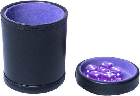 PU Leather Dice Cup with Lid, Purple Velvet Interior Quiet Shaker Cup Including 6 Purple Translucent Dice