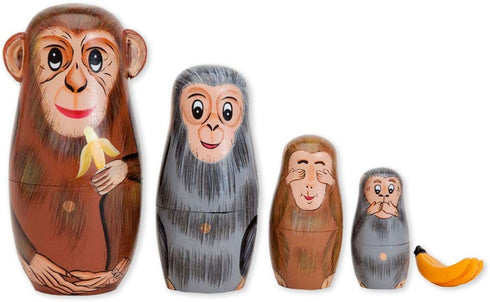 Bits and Pieces - Nesting Monkeys - Hand Painted Wooden Nesting Dolls - Set of 5 Dolls from 6" Tall