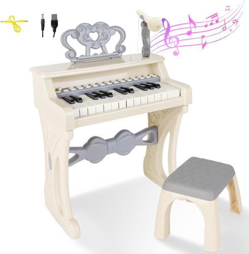 deAO Piano Toy Keyboard for Kids, 25 Keys Music Instrument with Microphone, Birthday Gift for Girls, White