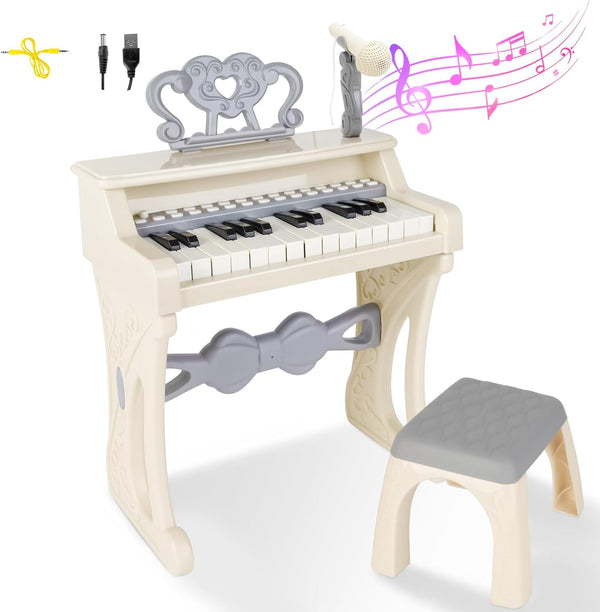 deAO Piano Toy Keyboard for Kids, 25 Keys Music Instrument with Microphone, Birthday Gift for Girls, White