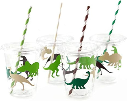 Dinosaur Birthday Cups, Kids Party Supplies, Birthday Favor Cups, Plastic Disposable Cups with Lids and Straws, Set of