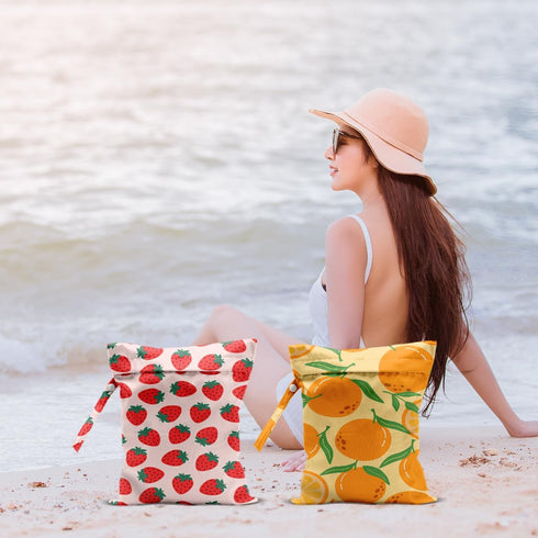 CFGBFDGH 2Pcs 12x10 Inch, Fruits Wet Bags Strawberry Orange Waterproof Travel Laundry Bags, Reusable Wet Dry Bag
