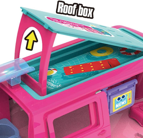 Doll Camper Van Playset for Girls, Portable Doll Car Play with Doll Furniture, Pool & Accessories