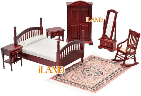 iLAND Vintage Dollhouse Furniture Set, 1/12 Scale Mahogany Bedroom Furniture, 7pcs Including Bed & Mirror