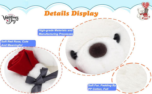 9.8'' Teddy Bear with Rose, Soft Plush Doll, Valentines Day Gifts for Her/Girlfriend Mom Kids (White)