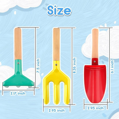 UMUACCAN 6Pcs 8'' Set, Beach Toys for Kids, Kids Gardening Tools Sand Toys Metal Garden Tools with Sturdy Wooden
