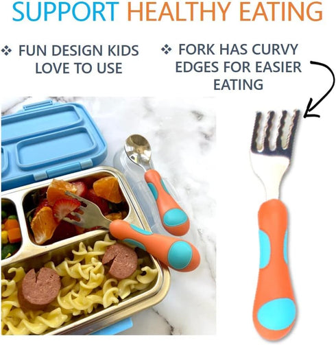Kids Utensils Toddler Silverware Set x 3 - Stainless Steel Fork Spoon with Travel Case, 6 Pieces Orange Blue