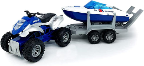 Large ATV Toy with Trailer Speedboat Tow Truck Flatbed Transport Police Motorcycle