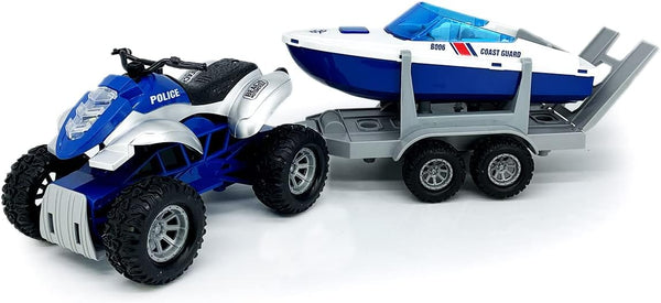 Large ATV Toy with Trailer Speedboat Tow Truck Flatbed Transport Police Motorcycle