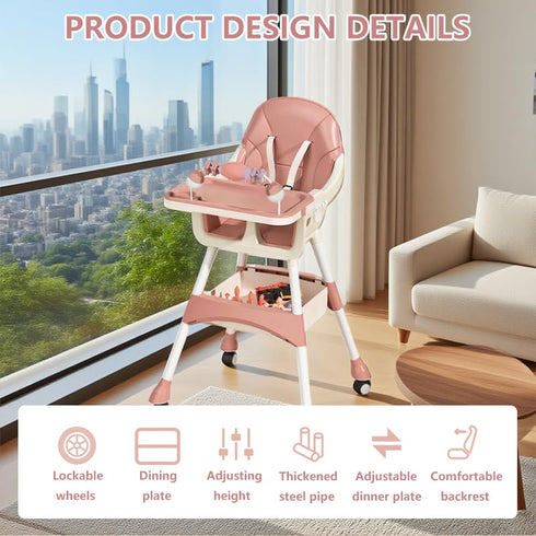 Nawahev Portable High Chair,High Chairs for Babies and Toddlers,Multi-Use Easy Clean Baby High Chair with Lock Wheels