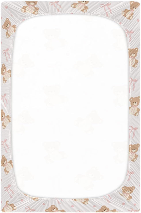 KICPOAY 39 27 Fitted Crib Sheets Animal Bear Pink Ribbon Bow Stretchy Portable Playard Sheets for Baby Toddler