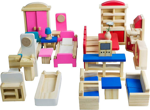 Seanmi Wooden Dollhouse Furniture - 5 Sets, 1:12 Scale Doll House Furnishings,