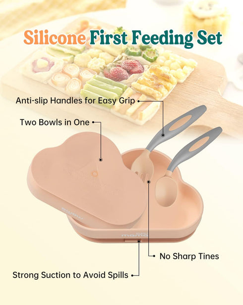 SUPERMAMA Suction Silicone Baby Feeding Set, 2 in 1 Bowls and Spoons, BPA Free, Infant Toddler Self Feeding Led Weaning