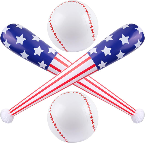 4 Pcs American Flag Inflatable Baseball & Bat - Blow Up Beach Ball, Sports Theme Party Favors for Kids Adult Pool Beach