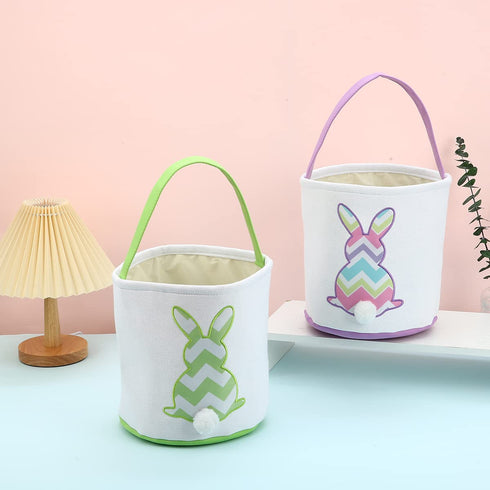 Cootato Easter Bunny Basket Bags for Kids, Personalized Canvas Cotton Bucket with Stripe Rabbit Pattern for Egg Hunt