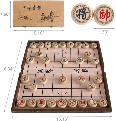 15 Inch Chinese Chess Set with PU Leather Foldable Board, Portable Xiangqi Game for 2 Players