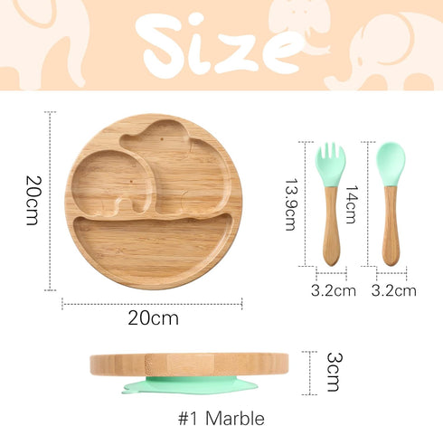 Suction Plates for Baby & Toddler, Bamboo Divided Platter with Silicone Fork & Spoon, Non-Slip Design for Weaning