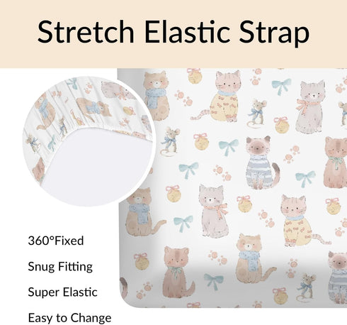 Cstdyfrv 52''x28'' Cute Cats Mouse Baby Boys Girls Crib Sheets Pastel Kittens Paws Bows Bells Toddler Bed Sheets Cats