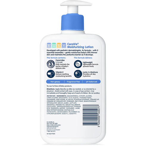 CeraVe Baby Lotion | Lightweight Baby Moisturizer with Ceramides, Niacinamide & Vitamin E | 16 Ounce, Free of