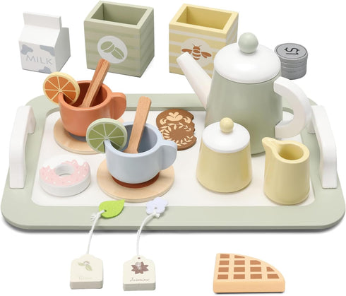 Set Set 1 2 3 4 5 Wooden Tea Party for Little Girls, Play Tea for Kids Toddlers, Pretend Play Kitchen Toy Gift