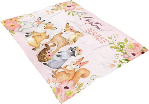 Personalized Woodland Animals Baby Blanket, Custom Floral Deer, Fox, Bunny Baby Girl Nursery Blanket, Floral Woodland