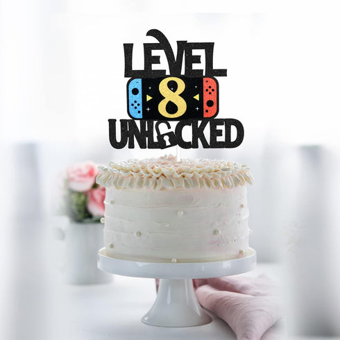 Level 8 Unlocked Game Birthday Cake Topper - Video Game Boy's 8th Birthday Party Supplies - Game On Decoration