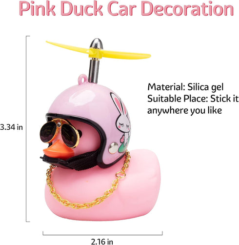 wonuu Pink Duck Car Dashboard Decorations Rubber Duck Car Ornaments with Propeller Helmet Sunglasses Gold Chain