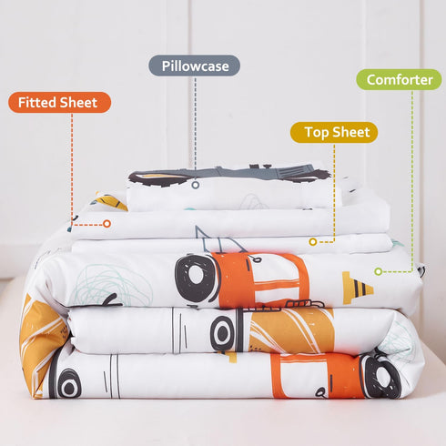 Set, 4 Sets Set PERFEMET Car Printed Toddler Comforter Pieces Toddler Bedding for Boys, Reversible Tractors Pattern