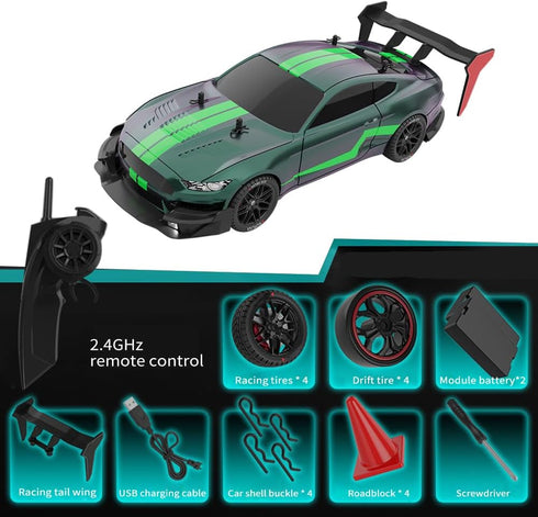 RC Drift Car - 1:14 Remote Control Car, 4WD 40KM/H High Speed Racing Car with LED Lights, 2 Batteries