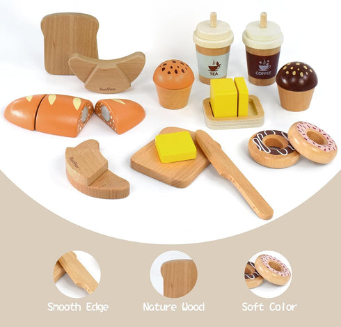 Set, 3+ PairPear Wooden Bakery Play Food Pretend Play Kitchen Accessories with Shopping Bag, Kids Cutting Food Gift