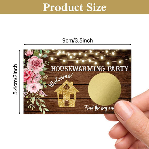 50 Pack Housewarming Scratch Off Game - Wood Grain Key Scratch Card for Rustic New Home Party