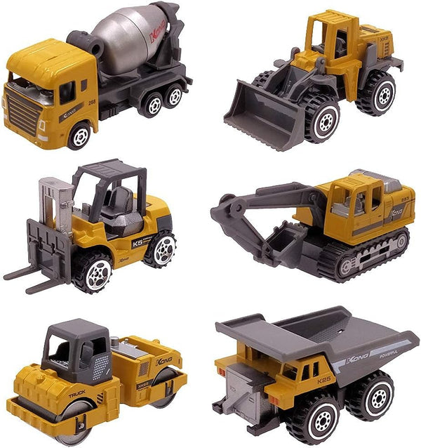 Kids Diecast Metal Engineering Cars Set - 6 Play Trucks for Boys Age 3-4, Birthday Party Supplies & Cake Topper