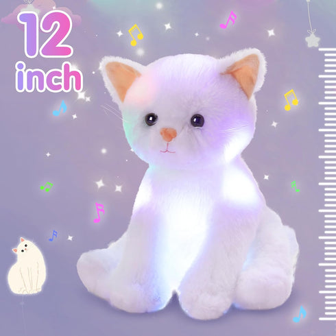 12'' Houwsbaby White Musical Light Up Cat Stuffed Animal Kitty Plush Toy Singing LED Glowing Cat Plush Toy Christmas