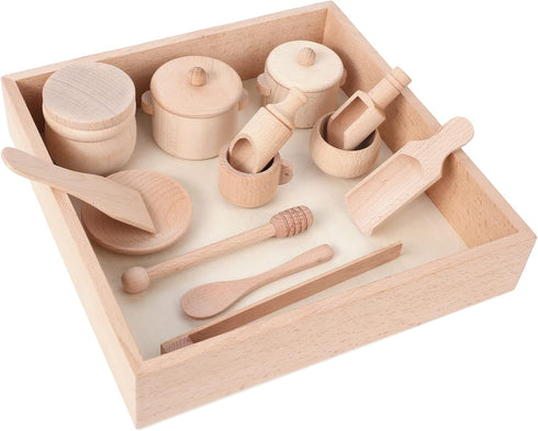 Montessori Sensory Bin Tools Toy with Wooden Box for Toddlers, Pretend Play Dish Toys, Kids Fine Motor Skills