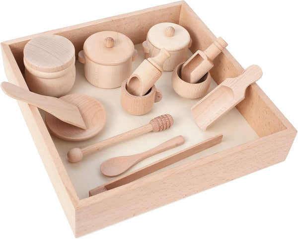 Montessori Sensory Bin Tools Toy with Wooden Box for Toddlers, Pretend Play Dish Toys, Kids Fine Motor Skills