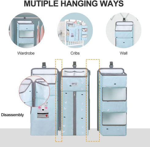 Hanging Diaper Caddy Organizer for Baby Crib - 3-in-1 Diaper Stacker for Changing Table Nursery Storage Holder (Sky
