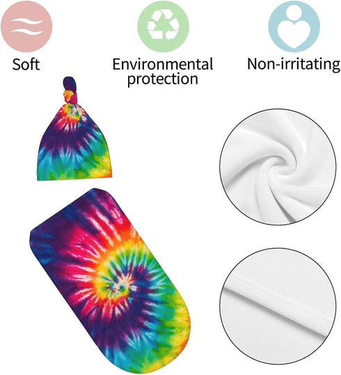 Tie Dye Colorful Rainbow Newborn Swaddle Blankets Beanie Hat Sets, Soft and Stretchy Baby Blanket for Baby Shower